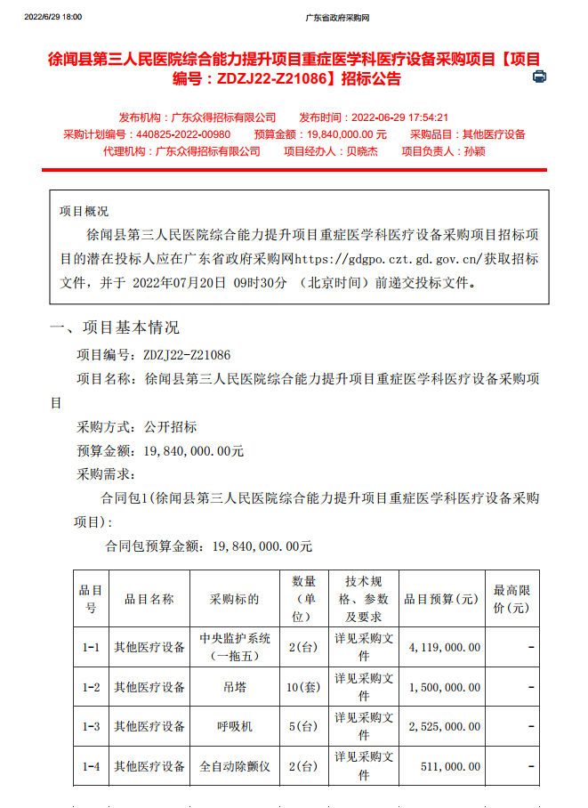 徐聞縣第三人民醫(yī)院綜合能力提升項目重癥醫(yī)學(xué)科醫(yī)療設(shè)備采購項目【項目 編號：ZDZJ22-Z21086】招標公告(圖1)